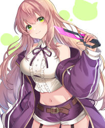Rule 34 | 1girl, bare shoulders, belt, breasts, brown hair, center frills, closed mouth, collared shirt, cowboy shot, crop top, dagger, frilled shirt, frills, garter straps, green eyes, hand up, holding, holding dagger, holding knife, holding weapon, jacket, kgr, knife, large breasts, long hair, long sleeves, looking at viewer, midriff, navel, neck ribbon, off shoulder, open clothes, open jacket, original, puffy sleeves, purple jacket, purple shorts, ribbon, shirt, short shorts, shorts, sleeveless, sleeveless shirt, smile, solo, standing, stomach, very long hair, weapon, white shirt