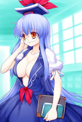 Rule 34 | 1girl, asamura hiori, bespectacled, blue eyes, book, breasts, cleavage, collarbone, dress, eyelashes, female focus, glasses, hat, highres, kamishirasawa keine, large breasts, long hair, no bra, plunging neckline, red eyes, solo, touhou, very long hair