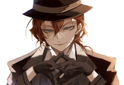 Rule 34 | 1boy, black gloves, black hair, black jacket, black necktie, black suit, blue eyes, bungou stray dogs, collared shirt, formal, gloves, hair between eyes, hat, highres, jacket, long sleeves, looking at viewer, mafia, male focus, medium hair, nakahara chuuya, necktie, open clothes, open jacket, open mouth, orange hair, own hands together, shirt, sidelocks, simple background, smile, solo, suit, upper body, user wjpu7573, white background, white shirt