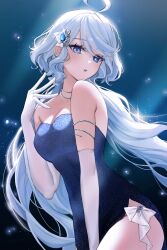 Rule 34 | 1girl, absurdres, ahoge, alternate costume, bare shoulders, blue eyes, blue hair, breasts, cleavage, commentary, cowboy shot, dress, earrings, elbow gloves, furina (genshin impact), genshin impact, gloves, gradient background, hair between eyes, heterochromia, highres, jewelry, light blue hair, light blush, light particles, long hair, looking at viewer, medium breasts, multicolored hair, necklace, open mouth, sidelocks, solo, streaked hair, thighs, two-tone hair, ueng, white gloves