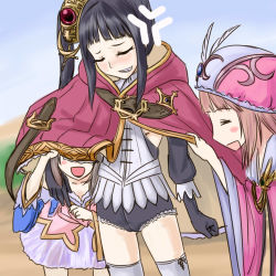 Rule 34 | 3girls, = =, anger vein, atelier (series), atelier totori, black hair, blush, brown hair, cape, clenched hand, closed eyes, feathers, female focus, gloves, grin, hair ornament, hat, hiding, long hair, mimi houllier von schwarzlang, multiple girls, nanatsu (chatge), open mouth, rororina fryxell, smile, smirk, thighhighs, totooria helmold