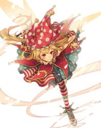 Rule 34 | 1girl, american flag dress, blonde hair, blush, closed mouth, clownpiece, commentary request, embellished costume, fairy wings, fire, floating hair, full body, gensou aporo, hat, holding, jester cap, leaning forward, long hair, looking at viewer, outstretched arms, pantyhose, polka dot, red eyes, red hat, simple background, smile, solo, spread arms, standing, standing on one leg, star (symbol), star print, striped, torch, touhou, transparent wings, white background, wings