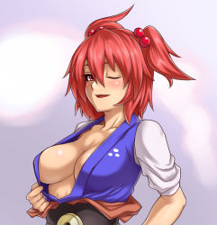 Rule 34 | 1girl, blush, breasts, center opening, cleavage, clothes pull, female focus, hou takashi ji, houtengeki, large breasts, one eye closed, onozuka komachi, open mouth, red eyes, red hair, shirt pull, short hair, solo, touhou, twintails, two side up, wink