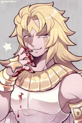 Rule 34 | 1boy, armband, blonde hair, blood, blood on clothes, blood on hands, dio brando, heaven ascended dio, jojo no kimyou na bouken, jojo no kimyou na bouken: eyes of heaven, kotorai, long hair, male focus, smile, solo, star (symbol), upper body, wrist cuffs, yellow eyes