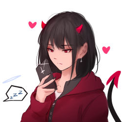 Rule 34 | 1girl, absurdres, black hair, closed mouth, collarbone, demon girl, demon horns, demon tail, earrings, heart, highres, holding, horns, jacket, jewelry, nail polish, original, red eyes, red jacket, shimmer, simple background, solo, spoken zzz, tail, upper body, white background, zzz