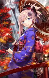 Rule 34 | 1girl, autumn leaves, blue eyes, blue kimono, blush, breasts, bridge, closed mouth, earrings, fate/grand order, fate (series), from side, gabiran, hair ornament, holding, holding umbrella, japanese clothes, jewelry, kimono, large breasts, lens flare, long hair, looking at viewer, miyamoto musashi (fate), obi, oil-paper umbrella, outdoors, pink hair, ponytail, sash, sidelocks, smile, solo, umbrella, water, waterfall