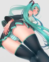 Rule 34 | 1girl, ama mitsuki, aqua eyes, aqua hair, ass, bare shoulders, bent over, black thighhighs, blush, breasts, cameltoe, covered erect nipples, detached sleeves, from behind, hair ornament, hatsune miku, lips, long hair, looking at viewer, panties, pantyshot, simple background, skindentation, solo, striped clothes, striped panties, thighhighs, twintails, underwear, upskirt, vocaloid