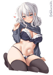 Rule 34 | 1girl, :3, alternate costume, black thighhighs, blue eyes, blush, bra, breasts, cleavage, clothes lift, ebifurya, frilled bra, frills, grey eyes, hair between eyes, heart, highres, kantai collection, kashima (kancolle), large breasts, long hair, looking at viewer, navel, no pants, one-hour drawing challenge, panties, seiza, sidelocks, silver hair, simple background, sitting, solo, stomach, sweater, sweater lift, thighhighs, twintails, twitter username, underwear, wavy hair, white background