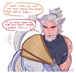 Rule 34 | 1boy, alternate costume, animal ears, bara, beard, cat boy, cat ears, cat tail, danny (sheepdan2), english text, facial hair, hanzo (overwatch), highres, kemonomimi mode, large pectorals, long hair, male focus, mature male, muscular, muscular male, overwatch, overwatch 2, pectorals, ponytail, solo, speech bubble, tail, tail wagging, thick eyebrows, tsurime, upper body, white hair