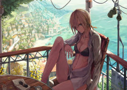 Rule 34 | 1girl, balcony, beach, bikini, bikini under clothes, black bikini, blonde hair, blue eyes, book, breasts, cable, chair, cleavage, collarbone, cup, drink, drinking glass, unworn eyewear, flower, graphite (medium), holding, jacket, knee up, landscape, long legs, long sleeves, looking at viewer, mixed media, navel, navel piercing, nib pen (medium), ocean, open book, open clothes, open shirt, original, piercing, plant, pocket watch, ponytail, railing, scenery, shirt, short hair, sitting, smile, solo, swimsuit, swimsuit under clothes, table, toufu koubou, town, traditional media, unbuttoned, watch