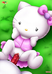 Rule 34 | anus, bbmbbf, bow, cat, dress, grass, hands on own cheeks, hands on own face, hello kitty, hello kitty (character), highres, lying, palcomix, penis, pink bow, pink dress, sanrio