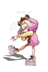 Rule 34 | 1girl, blunt bangs, boots, cellphone, commentary request, cross-shaped pupils, crown, english text, full body, gem, gradient hair, hand up, highres, hitsuji (pixiv2228990), holding, holding phone, hood, hood up, hoodie, inkling, jewelry, leg up, long sleeves, mole, mole under mouth, multicolored hair, necklace, nintendo, open mouth, parted lips, pearl (splatoon), phone, pink hair, pink hoodie, platform boots, platform footwear, ring, shadow, short eyebrows, short hair, sidelocks, simple background, smartphone, solo, splatoon (series), splatoon 2, standing, standing on one leg, symbol-shaped pupils, talking on phone, tentacle hair, thick eyebrows, white background, white footwear, white hair, yellow eyes, yellow sleeves