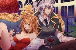 Rule 34 | 1boy, 1girl, alcohol, alternate costume, animal ears, arknights, bare shoulders, bird, black choker, black neckwear, blonde hair, blush, breasts, brown eyes, brown hair, candy, choker, cleavage, commentary request, cup, cupping glass, dress, drinking glass, feather boa, flower, food, formal, fur trim, gloves, grey eyes, grey hair, hair between eyes, highres, holding, holding cup, holding food, indoors, kikan (kikanoe), knee up, large breasts, leopard ears, light particles, lion ears, lipstick, lollipop, long hair, long sleeves, looking at viewer, makeup, necktie, night, parted lips, plant, rainbow, red dress, red flower, red lips, red rose, rose, siege (arknights), silverash (arknights), sitting, strapless, strapless dress, tenzin (arknights), thighs, window, wine, wine glass