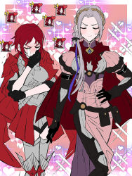 Rule 34 | 2girls, armor, armored dress, blush, cape, closed eyes, cosplay, costume switch, covering own mouth, crying, edelgard von hresvelg, fire emblem, fire emblem: three houses, fire emblem warriors: three hopes, gameplay mechanics, gloves, hairband, hand on own hip, heart, highres, kusodekablack, monica von ochs, multiple girls, nintendo, red cape, red hair, smile, so moe i&#039;m gonna die!, spiked hairband, spikes, streaming tears, sweatdrop, tears, white hair, yuri