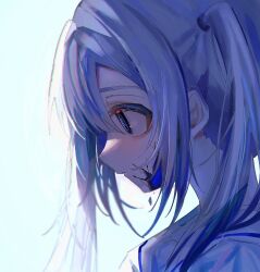 Rule 34 | 1girl, aqua background, blue eyes, chromatic aberration, cracked skin, expressionless, from side, hair between eyes, highres, long hair, looking ahead, looking down, momosu momo, original, portrait, profile, sailor collar, shirt, simple background, solo, twintails, white background, white hair