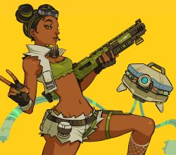 Rule 34 | 1girl, absurdres, animification, apex legends, ass, black gloves, black hair, breasts, brown eyes, cable, cosplay, cropped shirt, d.o.c. health drone, dark-skinned female, dark skin, earpiece, energy gun, eyeshadow, fingerless gloves, fishnet socks, fishnets, freckles, from side, gloves, green eyeshadow, green hair, green panties, green tank top, grey shirt, grey shorts, grey socks, gun, highres, holding, holding gun, holding weapon, jui (dirtybigrat), lifeline (apex legends), m1904 mastiff, makeup, mask, mask around neck, micro shorts, multicolored hair, navel, non-humanoid robot, octane (apex legends), octane (apex legends) (cosplay), panties, robot, science fiction, shirt, shorts, shotgun, small breasts, smile, socks, solo focus, streaked hair, tank top, thigh strap, torn clothes, torn tank top, underwear, v, weapon, yellow background
