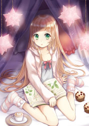 Rule 34 | 1girl, book, cup, food, green eyes, highres, long hair, muffin, orange hair, original, pillow, pom pom (clothes), sitting, socks, solo, sweater, very long hair, wariza
