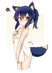 Rule 34 | 1girl, absurdres, animal ear fluff, animal ears, azu ankoowl, bare arms, bare shoulders, blue hair, blush, breasts, closed mouth, cropped legs, ear down, embarrassed, from side, gradient background, hair between eyes, hand on own chest, hand up, highres, holding, holding towel, looking back, medium hair, naked towel, notice lines, orange eyes, original, ponytail, raised eyebrow, sidelocks, simple background, small breasts, solo, sweatdrop, tail, tail raised, towel