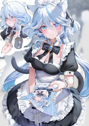 Rule 34 | 1girl, 1other, :i, absurdres, ahoge, alternate costume, animal ear fluff, animal ears, apron, averting eyes, black dress, black ribbon, blue eyes, blue hair, blurry, blurry background, blush, breasts, brooch, cat ears, cat tail, cleavage, dasha, detached collar, dress, english text, engrish text, enmaided, fingernails, frilled apron, frills, furina (genshin impact), genshin impact, highres, holding, holding paper, jewelry, kemonomimi mode, korean text, light blue hair, looking at viewer, maid, maid apron, maid headdress, medium breasts, multicolored hair, nail polish, neck ribbon, paper, pov, pov hands, puffy short sleeves, puffy sleeves, ranguage, ribbon, short sleeves, streaked hair, sweatdrop, tail, tearing up, thought bubble, white apron, wrist cuffs
