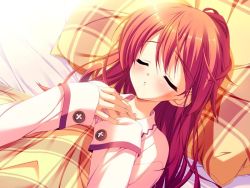 Rule 34 | 1girl, akisato manaka, bed, blush, closed eyes, game cg, long hair, munyuu, pajamas, pillow, purely (game), red hair, sleeping, solo