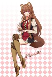Rule 34 | 1girl, absurdres, animal ear fluff, animal ears, boots, brown hair, food, fork, highres, holding, holding plate, long hair, mouhantain, pie, plate, raccoon ears, raccoon girl, raccoon tail, raphtalia, red eyes, ribbed shirt, shirt, solo, tail, tate no yuusha no nariagari, thigh boots, thighhighs