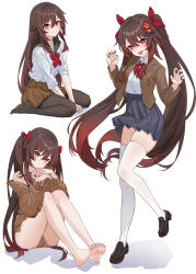 Rule 34 | 1girl, absurdres, alternate costume, alternate hairstyle, bare shoulders, black footwear, black nails, black pantyhose, black sailor collar, bow, bright pupils, brown hair, brown jacket, brown skirt, closed mouth, collared shirt, dress shirt, flower-shaped pupils, full body, genshin impact, grey skirt, hair between eyes, hair bow, hair ornament, hands up, highres, hu tao (genshin impact), jacket, lao xi, loafers, long hair, looking at viewer, open clothes, open jacket, open mouth, pantyhose, parted lips, red bow, red eyes, sailor collar, school uniform, shadow, shirt, shoes, simple background, sitting, skirt, smile, standing, symbol-shaped pupils, teeth, thighhighs, toenails, twintails, upper teeth only, wariza, white background, white shirt, white thighhighs, zettai ryouiki
