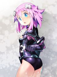 Rule 34 | 1girl, absurdres, ass, blue eyes, breasts, cleavage, cosplay, d-pad, female focus, hair ornament, highres, leotard, looking at viewer, looking back, neptune (neptunia), neptune (series), purple hair, purple heart (neptunia), purple heart (neptunia) (cosplay), segamark, short hair, small breasts, solo