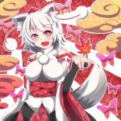 Rule 34 | 1girl, animal ears, ao-0817, breasts, bug, butterfly, fang, female focus, bug, inubashiri momiji, red eyes, solo, tail, touhou, white hair, wolf ears, wolf tail