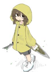 Rule 34 | 1girl, arms at sides, bags under eyes, blood, blood drip, bloody knife, boots, brown eyes, brown hair, dagger, from above, frown, full body, green blood, grey shorts, highres, holding, holding knife, holding weapon, hood, hood up, hooded coat, jamadhar, knife, looking at viewer, looking to the side, looking up, medium hair, open mouth, original, shorts, sidelocks, solo, standing, torosakana, weapon, white background, white footwear, yellow raincoat