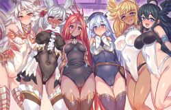 Rule 34 | 6+girls, amelia (granblue fantasy), animal ears, black hair, black leotard, blue eyes, blue leotard, blush, bow, braid, breasts, cameltoe, center frills, character request, coat partially removed, commentary request, constricted pupils, covered navel, cowboy shot, crystal hair, curly hair, dark-skinned female, dark skin, erune, eyeliner, frills, from below, granblue fantasy, halluel (granblue fantasy), highleg, highleg leotard, indoors, large breasts, leotard, long hair, looking at viewer, makura (granblue fantasy), malluel (granblue fantasy), michael (granblue fantasy), mimonel, multiple girls, open mouth, rabbit ears, rabbit girl, red eyeliner, red hair, see-through, single braid, small breasts, standing, thigh gap, thighhighs, thighs, very long hair, white bow, white hair, yatima