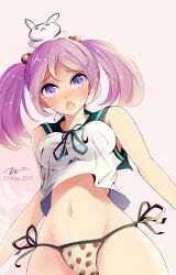 Rule 34 | 10s, 1girl, blush, breasts, cowboy shot, dated, food print, groin, hair ornament, kantai collection, looking at viewer, navel, open mouth, panties, pink background, print panties, purple eyes, purple hair, rabbit, sailor collar, sazanami (kancolle), side-tie panties, simple background, solo, strawberry panties, strawberry print, string panties, tebi (tbd11), teeth, twintails, underwear