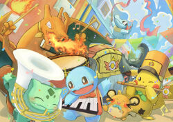 Rule 34 | absurdres, badge, blue bow, blue bowtie, blue sky, blush, bow, bowtie, breath weapon, breathing fire, brown eyes, bulbasaur, charizard, closed eyes, closed mouth, color guard, creatures (company), dedenne, donphan, drum, drum major, drumsticks, fire, flute, game freak, gen 1 pokemon, gen 2 pokemon, gen 6 pokemon, happy, highres, holding, holding drumsticks, instrument, keyboard (instrument), marching band, music, musical note, nintendo, no humans, nostrils, open mouth, pikachu, pink ribbon, playing instrument, pokemon, pokemon (creature), ribbon, sky, snare drum, sousaphone, squirtle, string of flags, totodile, yamachi nosuke