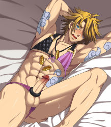 Rule 34 | 1boy, abs, armpits, arms up, bed, bed sheet, blonde hair, blue eyes, blush, bullet, censored, cum, erection, ezreal, hata ichi, league of legends, lying, male focus, muscular, necklace, nipples, penis, precum, solo, spiked hair, sweat, tattoo, testicles, underwear