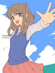 Rule 34 | 10s, 1girl, :d, azusagawa kaede, blue sky, blue vest, blush, brown eyes, brown hair, chiharu (9654784), cloud, collared shirt, commentary request, day, hair flaps, hair ornament, hair over shoulder, highres, long hair, long sleeves, looking at viewer, low-tied long hair, miniskirt, open mouth, outstretched arms, pink skirt, pleated skirt, round teeth, school uniform, seishun buta yarou, shirt, sidelocks, sketch, skirt, sky, smile, solo, teeth, upper body, upper teeth only, vest, white shirt
