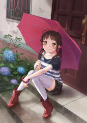 Rule 34 | 1girl, boots, brown eyes, brown hair, casual, esukee, flower, hydrangea, original, rain, red footwear, rubber boots, shorts, sitting, sitting on stairs, smile, solo, stairs, striped, thighhighs, twintails, umbrella, white thighhighs, zettai ryouiki