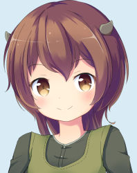 Rule 34 | 1girl, angelic buster, blue background, blush, brown eyes, brown hair, closed mouth, green shirt, green vest, hair between eyes, head tilt, horns, long hair, looking at viewer, maplestory, nekono rin, portrait, shirt, simple background, smile, solo, tareme, tear (maplestory), vest