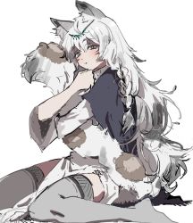 Rule 34 | 1girl, animal ear fluff, animal ears, arknights, black capelet, blush, braid, capelet, commentary request, dress, foot out of frame, grey eyes, grey thighhighs, highres, hugging own tail, hugging tail, leopard ears, leopard girl, leopard tail, long hair, looking at viewer, na tarapisu153, pelvic curtain, pramanix (arknights), simple background, sitting, solo, tail, thighhighs, tiara, wariza, white background, white dress, white hair