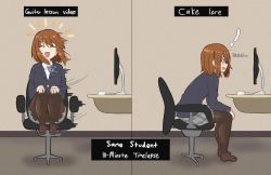 Rule 34 | !, 1girl, black pantyhose, blush, brown footwear, brown hair, closed eyes, english text, facing viewer, grey skirt, hair ornament, hairclip, highres, hirasawa yui, k-on!, loafers, long sleeves, looking away, meme, monitor, mouse (computer), open mouth, pantyhose, shiny clothes, shiny legwear, shoes, short hair, skirt, smile, solo, swivel chair, young savage