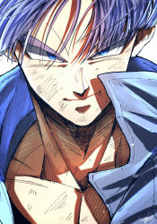 Rule 34 | 1boy, blue eyes, closed mouth, collarbone, dirty, dirty face, dragon ball, dragonball z, hair between eyes, high collar, highres, jacket, kamiyama sumu, male focus, portrait, purple hair, short hair, simple background, smile, solo, trunks (dragon ball), trunks (future) (dragon ball), v-shaped eyebrows, white background