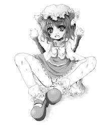Rule 34 | 1girl, animal ears, cat ears, cat girl, cat tail, chen, china dress, chinese clothes, dress, earrings, female focus, greyscale, hat, jewelry, kurona, monochrome, multiple tails, panties, short hair, solo, tail, touhou, underwear