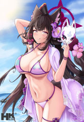 Rule 34 | 1girl, absurdres, animal ear fluff, animal ears, bikini, blue archive, breasts, brown hair, collarbone, fox ears, fox girl, fox mask, halo, highres, hk419, holding, holding mask, large breasts, licking lips, long hair, looking at viewer, mask, navel, purple bikini, purple eyes, smile, solo, swimsuit, tongue, tongue out, very long hair, wakamo (blue archive), wakamo (swimsuit) (blue archive)