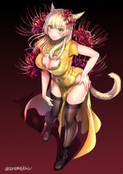 Rule 34 | 1girl, animal ears, aruma jiki, warrior of light (ff14), black footwear, black thighhighs, blonde hair, boots, breasts, cat ears, cat girl, cat tail, china dress, chinese clothes, cleavage, cleavage cutout, clothing cutout, covered navel, dress, final fantasy, final fantasy xiv, floral print, flower, gradient background, hair flower, hair ornament, hand on own hip, lace trim, large breasts, long hair, miqo&#039;te, red flower, short sleeves, side slit, sidelocks, signature, solo, tail, thighhighs, twitter username, yellow dress