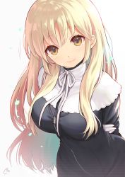 Rule 34 | 1girl, arms behind back, black dress, blonde hair, blush, breasts, brown eyes, closed mouth, commentary request, dress, gloves, long hair, long sleeves, looking at viewer, medium breasts, motion lines, neck ribbon, nijisanji, nun, piro (orip), ribbon, signature, sister claire, sister claire (1st costume), smile, solo, traditional nun, upper body, very long hair, virtual youtuber, white gloves, white ribbon, zipper pull tab