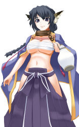 Rule 34 | 1girl, animal ears, aquaplus, arm up, bandages, bandages around chest, bdsm, blue eyes, blue hair, blue hakama, braid, breasts, chain, chest sarashi, cleavage, cleavage cutout, closed mouth, clothing cutout, coat, coat on shoulders, collar, crop top, eyelashes, gradient eyes, gradient hair, hakama, hakama skirt, highres, holding, holding jug, japanese clothes, jug (bottle), karulau, large breasts, lips, long hair, looking at viewer, midriff, moving.pierrot, multicolored eyes, multicolored hair, nose, sarashi, sidelocks, single braid, skirt, slave, solo, standing, thighs, toned, toned female, utawarerumono, variations