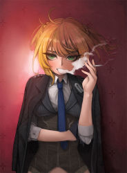 Rule 34 | 1girl, bad id, bad pixiv id, black gloves, black jacket, blonde hair, blue necktie, blush, braid, breasts, cigarette, closed mouth, collared shirt, corset, elbow sleeve, girls&#039; frontline, gloves, green eyes, gun, half-closed eyes, holding, holding cigarette, holster, jacket, jacket on shoulders, long sleeves, looking at viewer, medium breasts, midriff peek, necktie, open clothes, open jacket, pinstripe pattern, pinstripe vest, rabbit (wlsdnjs950), shirt, short hair, sidelocks, single glove, skirt, smoke trail, smoking, solo, standing, striped, thigh holster, twintails, vest, weapon, welrod mkii (girls&#039; frontline)