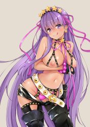 Rule 34 | 1girl, absurdres, bare shoulders, bb (fate), bb (fate) (all), bb (swimsuit mooncancer) (fate), bb (swimsuit mooncancer) (second ascension) (fate), belt, bikini, black gloves, black thighhighs, blush, breasts, colis (regunm772), cowboy shot, earrings, fate/grand order, fate (series), gloves, grey background, hair ornament, hairband, highres, jewelry, large breasts, long hair, looking at viewer, micro shorts, navel, nipples, purple bikini, purple eyes, purple hair, shorts, simple background, smile, solo, standing, star (symbol), star earrings, star hair ornament, swimsuit, tan, thighhighs, tongue, tongue out, very long hair, white belt