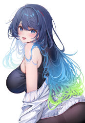 Rule 34 | 1girl, :d, absurdres, bare shoulders, black pantyhose, black shirt, blue eyes, blue hair, blush, breasts, from side, gradient hair, highres, jacket, komupi, large breasts, long hair, long sleeves, looking at viewer, looking to the side, multicolored hair, natsumi (komupi), off shoulder, open clothes, open jacket, open mouth, original, pantyhose, shirt, simple background, sitting, smile, solo, tank top, very long hair, white background, white jacket