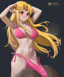 Rule 34 | 1boy, 1futa, alternate eye color, armpits, arms behind head, arms up, artist name, ass, bad id, bad pixiv id, bikini, blonde hair, blush, breasts, bulge, circlet, cleavage, colored skin, commentary, constricted pupils, cowboy shot, dark-skinned male, dark skin, english commentary, erection, erection under clothes, forehead jewel, futa with male, futanari, ganondorf, highres, huge penis, imminent anal, imminent penetration, large breasts, licking lips, long hair, long pointy ears, navel, nintendo, nose blush, oreomanko, penis, pink bikini, pointy ears, precum, precum through clothes, princess zelda, red eyes, side-tie bikini bottom, smile, spaghetti strap, standing, swimsuit, the legend of zelda, tongue, tongue out, trembling, very long hair, you gonna get raped