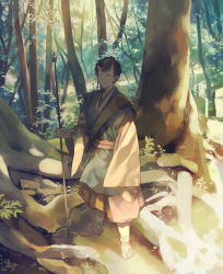 Rule 34 | 1boy, black hair, cane, day, forest, full body, highres, hise, looking at viewer, male focus, nature, oni, original, pointy ears, sandals, scenery, short hair, standing, tree, wide sleeves