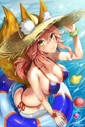 Rule 34 | 1girl, animal ear fluff, animal ears, ass, bikini, blue bikini, breasts, cleavage, closed mouth, commentary request, ears through headwear, fate/grand order, fate (series), fox ears, fox tail, hat, innertube, kojima saya, large breasts, long hair, looking at viewer, partially submerged, pink hair, rubber duck, shiny skin, side-tie bikini bottom, smile, solo, straw hat, sun hat, swim ring, swimsuit, tail, tamamo (fate), tamamo no mae (fate/extra), tamamo no mae (swimsuit lancer) (fate), wet, yellow eyes